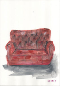 a drawing of a red sofa
