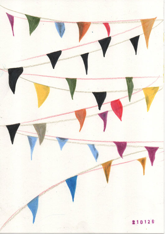 a drawing depicting something that looks like party flags in different colours