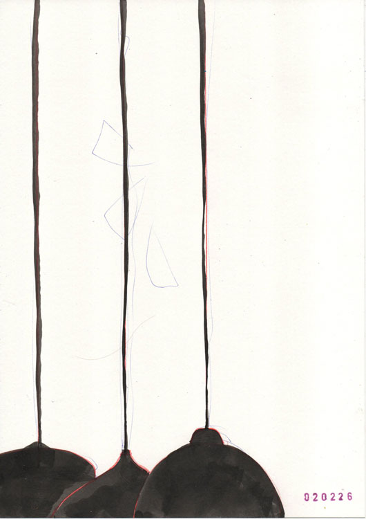 drawing on paper: ink and coloured pencil: 3 lamps or shadows or both or something else