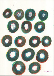 work on paper depicting circles, donuts, wheels, figures, shapes, abstractions, drawings, ...