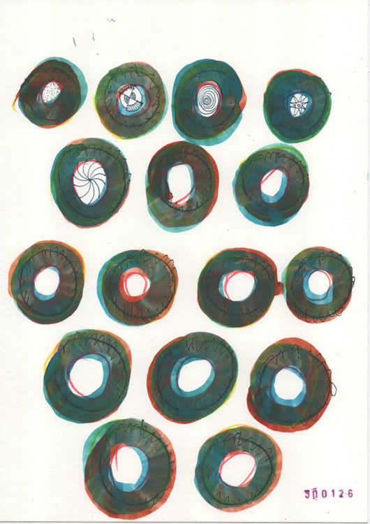 work on paper depicting circles, donuts, wheels, figures, shapes, abstractions, drawings, ...