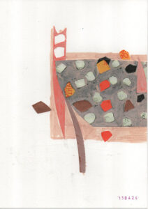 tekening/collage gebaseerd op een foto van (vooral) dames met witte kapjes op hun hooofd