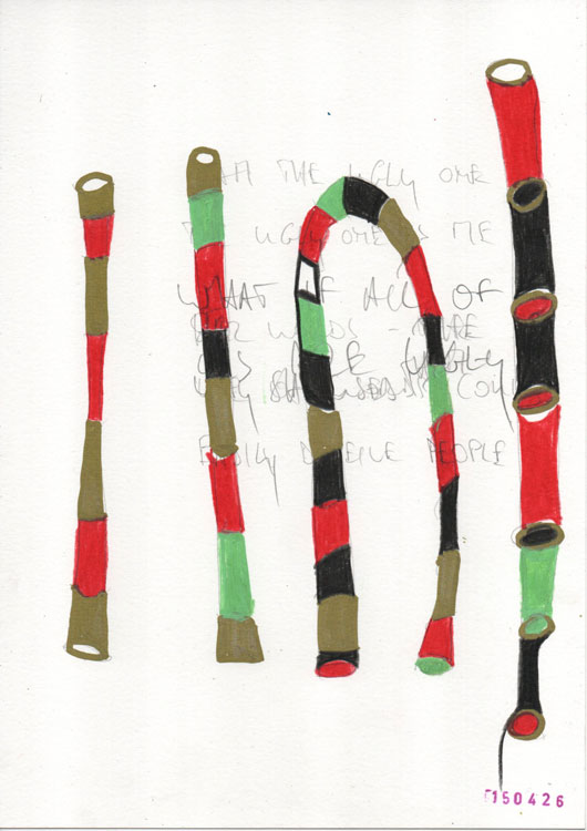 drawing on A4-sized paper with written text and coloured shapes drawn over it
