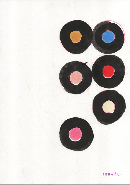 six disks with coloured insides the intestines of the circle tracking records