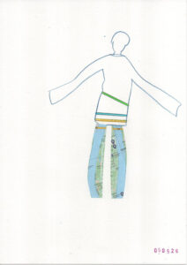 drawing showing a human-like figure with details from the Budapest map as legs