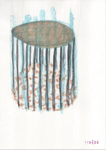 a drawing depicting lines and colours that are both caged in and overflowing