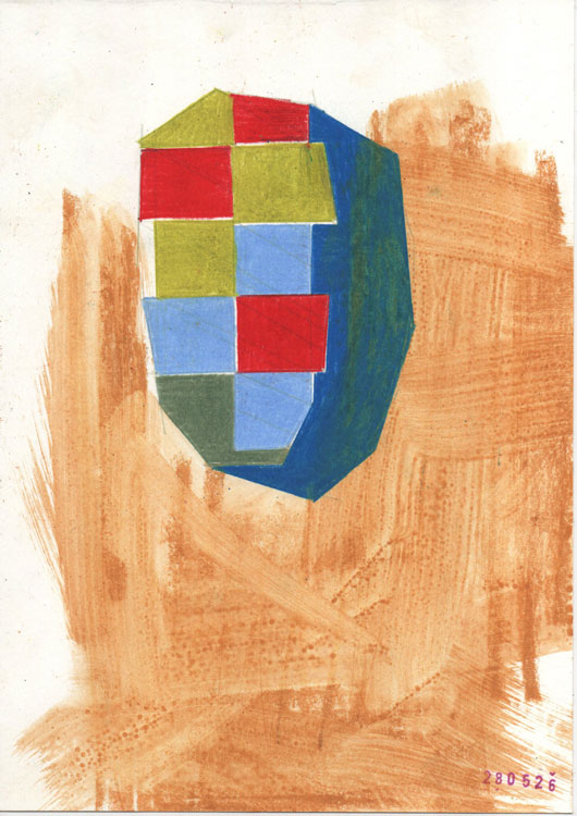 drawing depicting a colourful checkered object against a golden brown backgrount