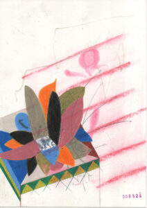 colourful drawing with the shape of a flower in it on a box or a table; a still-life perhaps