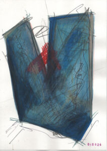 drawing with a blueish shape and some red accents
