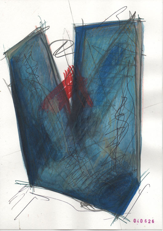 drawing with a blueish shape and some red accents