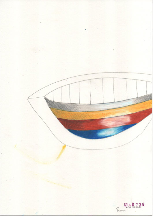 drawing on paper that shows the outlines of a shape and some colour