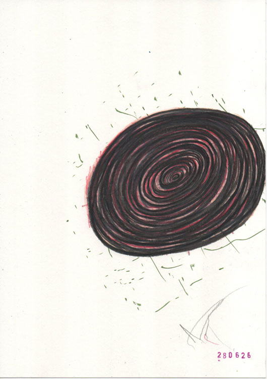 drawing with circles in black and red and pink