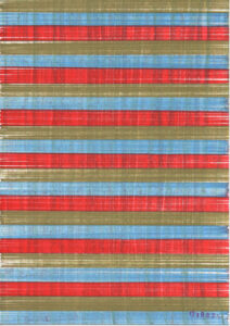 an all over drawing of coloured horizontal lines over a vertically oriented background